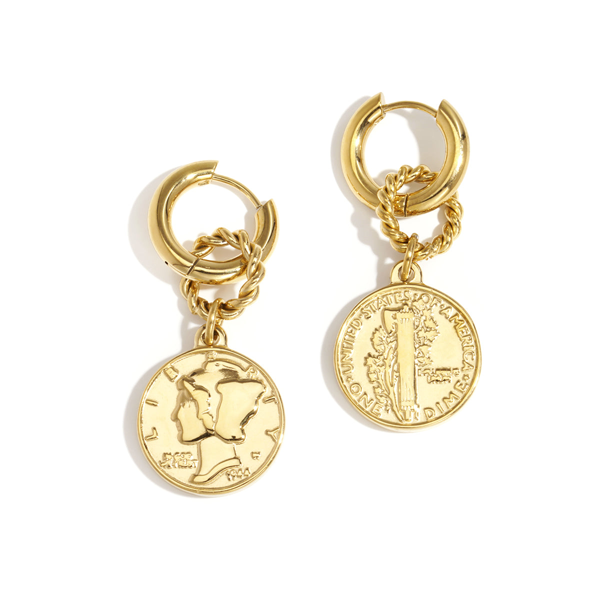 Gold hoop earrings with dangling coin charms featuring profiles and dates.