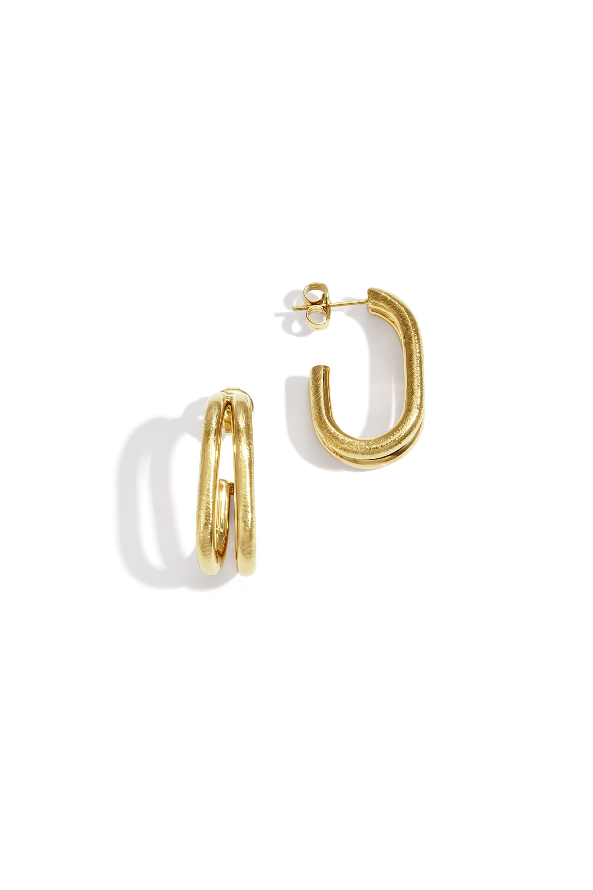 Gold Astra Hoop Earrings with a double loop design and brushed finish.