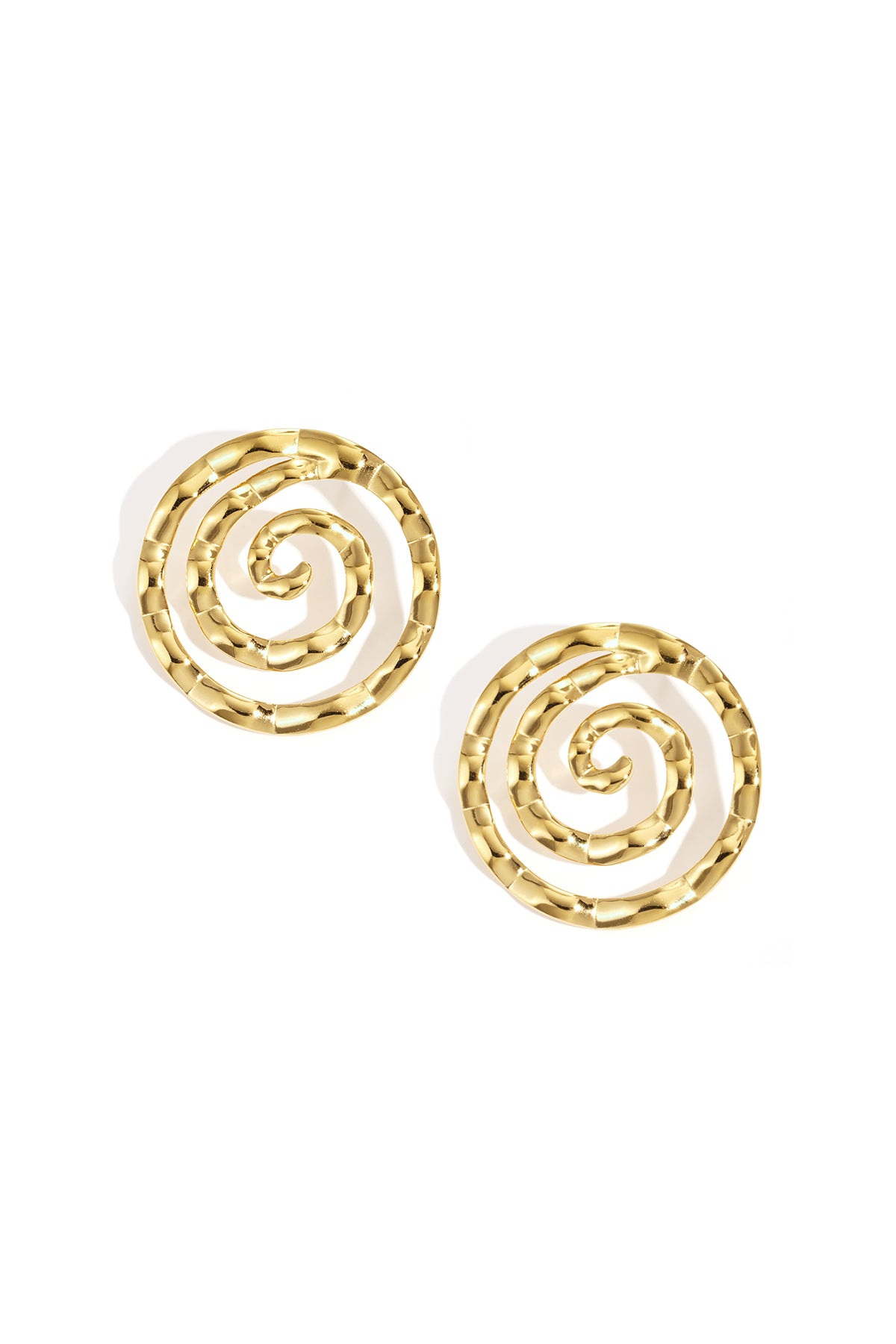Gold spiral circle stud earrings with a hammered texture.